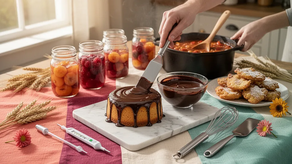 Table en bois avec légumes d'automne : courges, betteraves, pommes et un plat fumant de gratin.