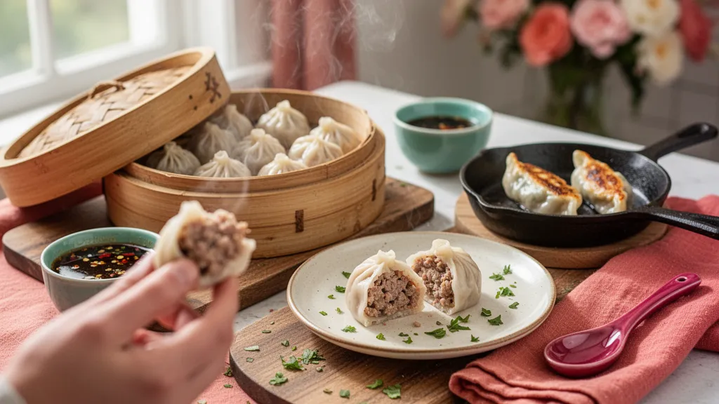 Assiette de bouchons réunionnais vapeur, farce visible à la coupe, avec une sauce claire en accompagnement