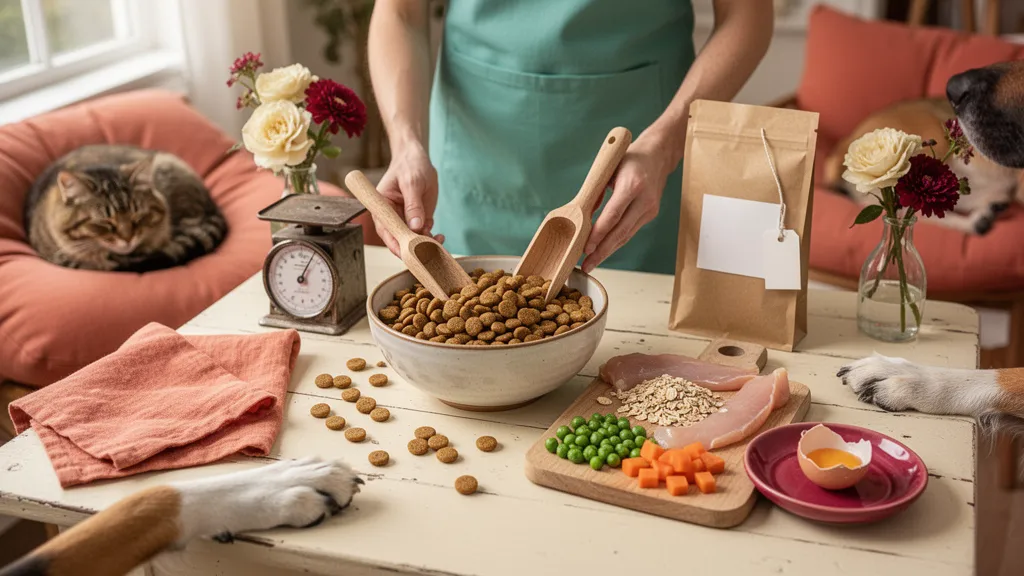Sacs de croquettes alignés sur une étagère, étiquettes techniques visibles, ambiance cuisine domestique.