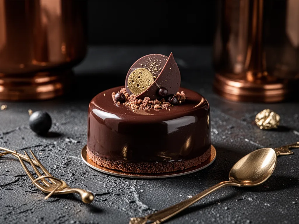 Entremet glacé aux multiples textures sur un socle doré