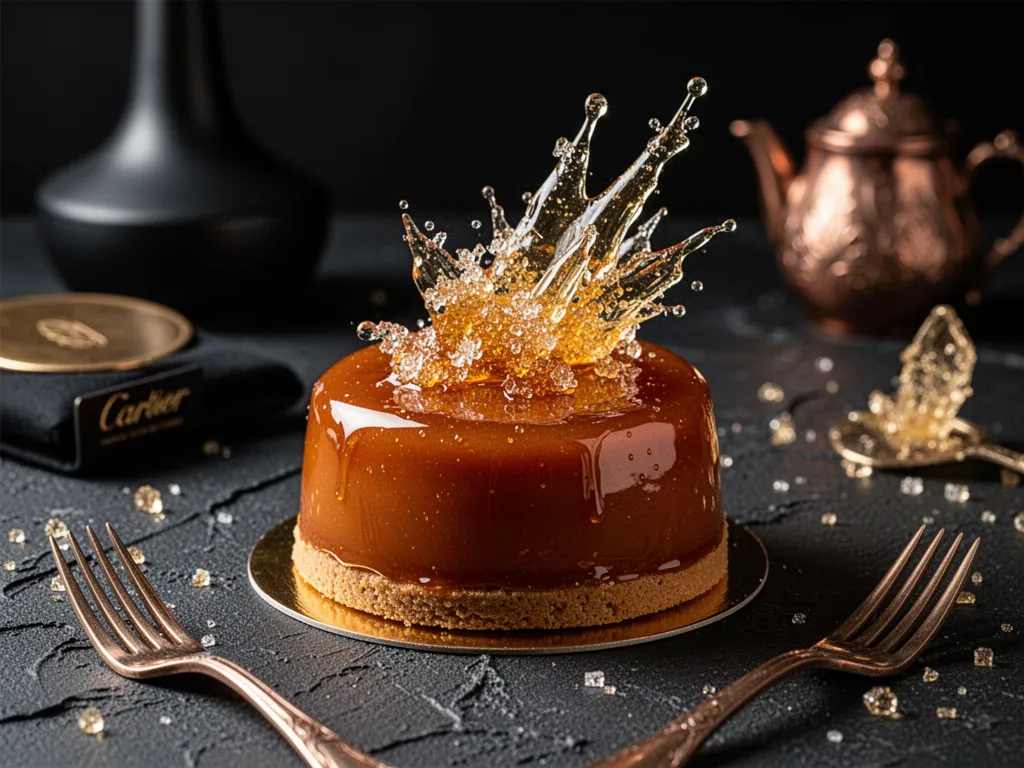 Décoration en sucre soufflé ambré posée sur un dessert